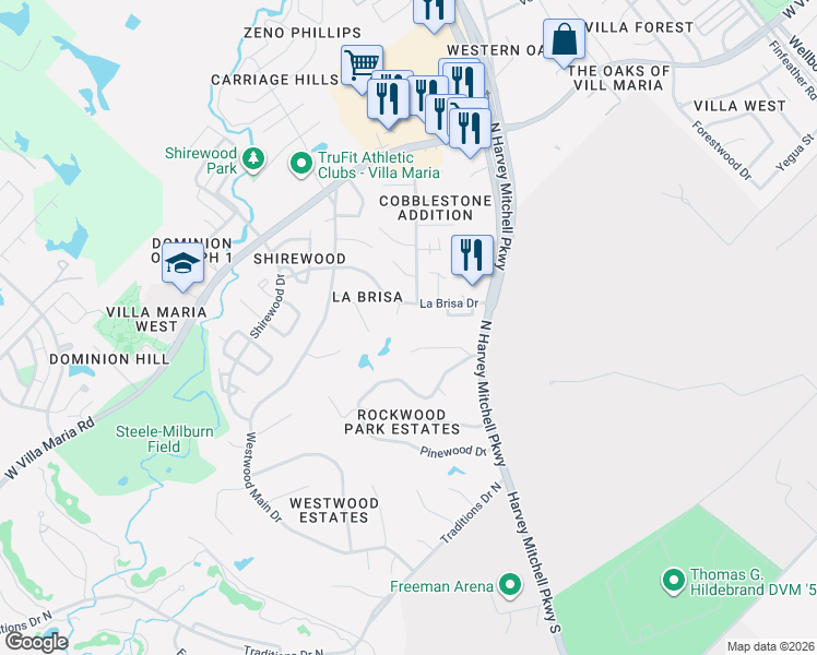 map of restaurants, bars, coffee shops, grocery stores, and more near 1908 Streamside Way in Bryan