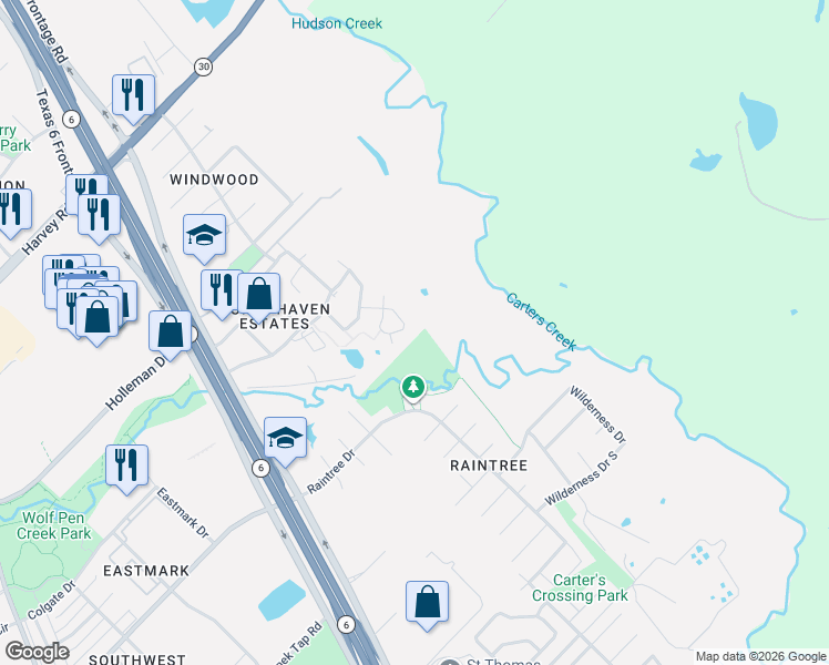 map of restaurants, bars, coffee shops, grocery stores, and more near 6955 Halter Loop in College Station
