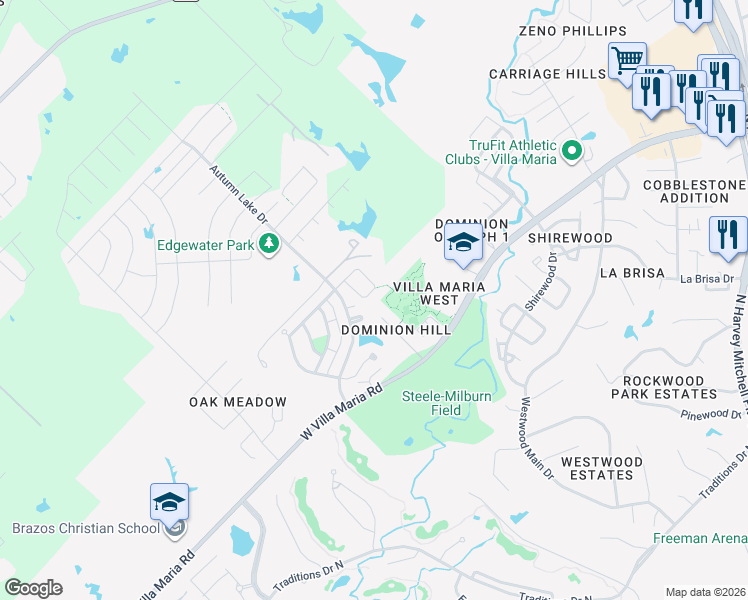 map of restaurants, bars, coffee shops, grocery stores, and more near 2000 Kimmy Drive in Bryan