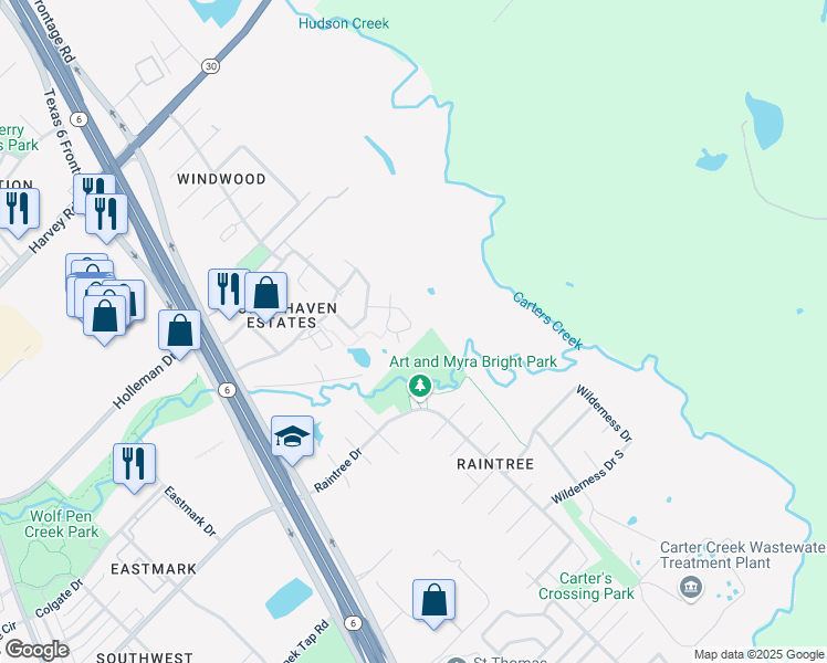 map of restaurants, bars, coffee shops, grocery stores, and more near 6955 Halter Loop in College Station