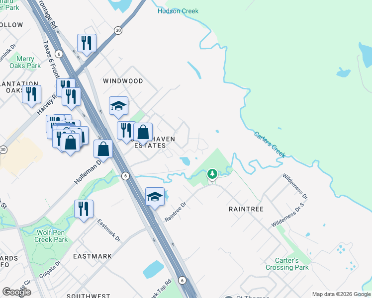 map of restaurants, bars, coffee shops, grocery stores, and more near 2812 Horseback Drive in College Station
