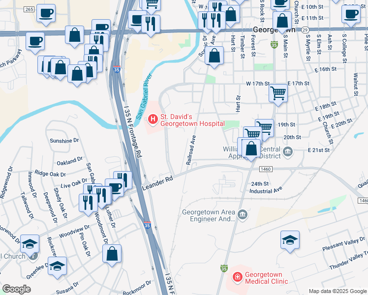 map of restaurants, bars, coffee shops, grocery stores, and more near 1101 Leander Road in Georgetown