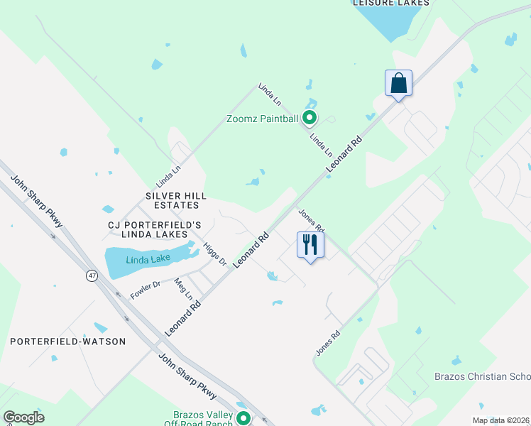map of restaurants, bars, coffee shops, grocery stores, and more near 5826 Leonard Road in Bryan