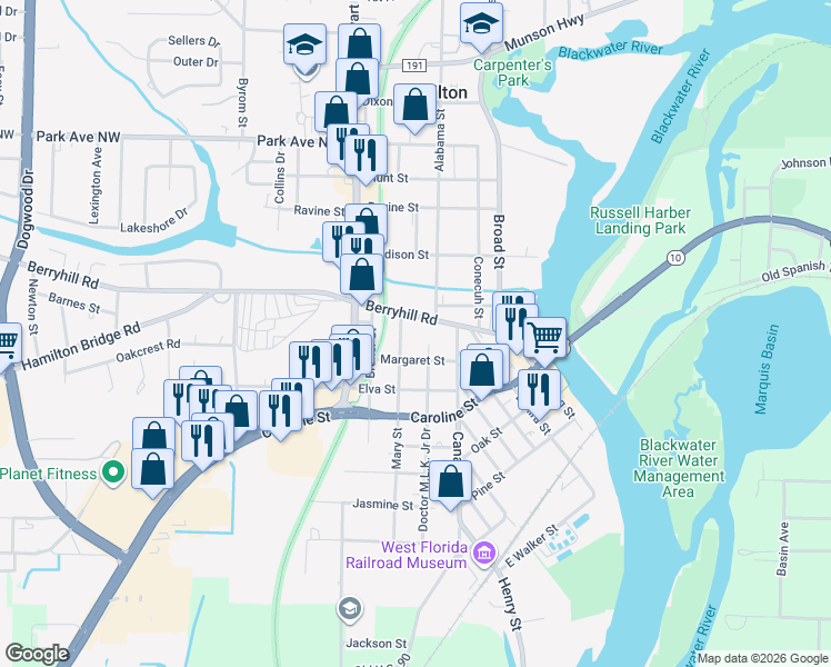 map of restaurants, bars, coffee shops, grocery stores, and more near 6751 Berryhill Road in Milton