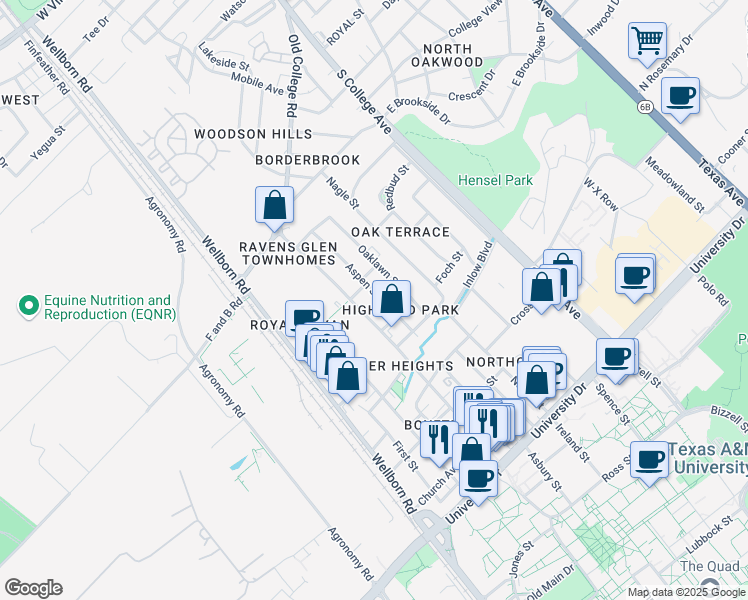 map of restaurants, bars, coffee shops, grocery stores, and more near 4301 College Main Street in Bryan