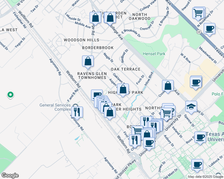 map of restaurants, bars, coffee shops, grocery stores, and more near 4302 College Main Street in Bryan
