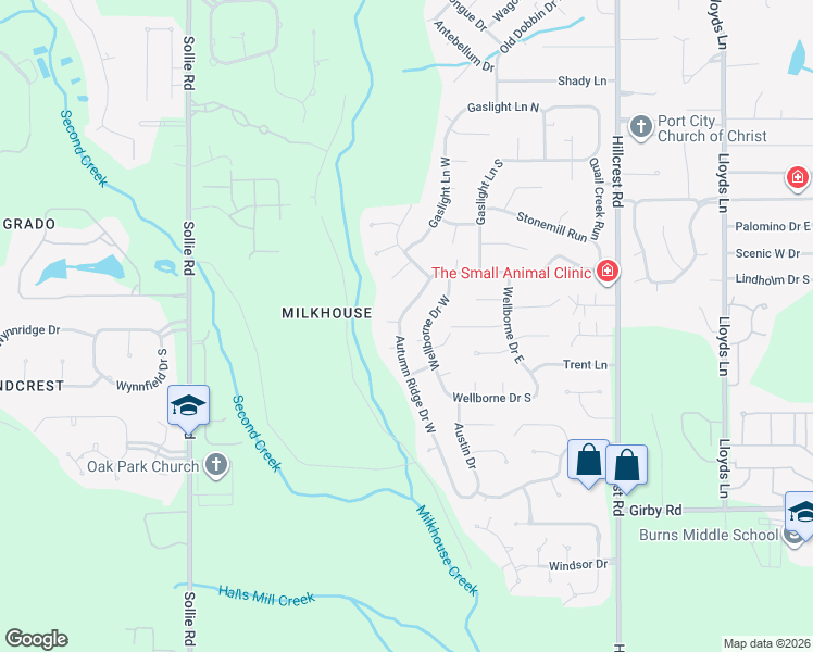 map of restaurants, bars, coffee shops, grocery stores, and more near 3148 Wellborne Drive West in Mobile