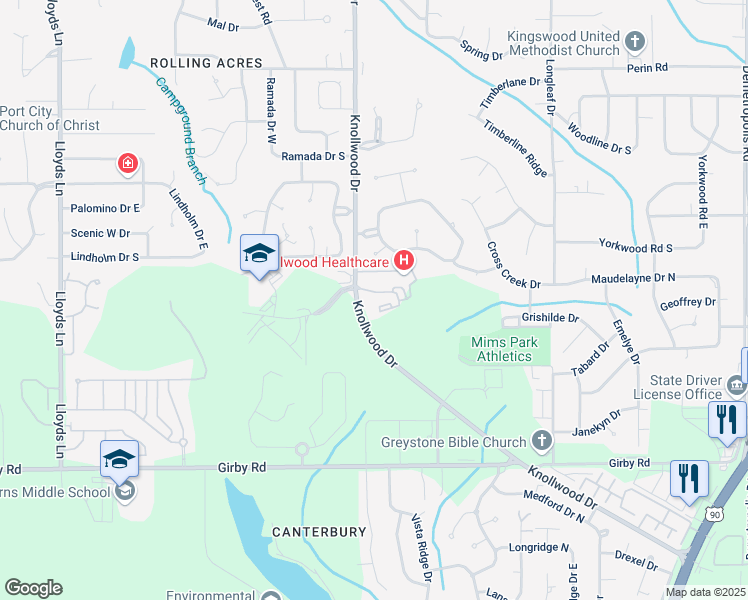 map of restaurants, bars, coffee shops, grocery stores, and more near 3159 Knollwood Drive in Mobile