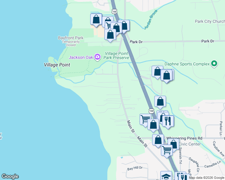 map of restaurants, bars, coffee shops, grocery stores, and more near 6534 Jackson's Oak Drive in Daphne