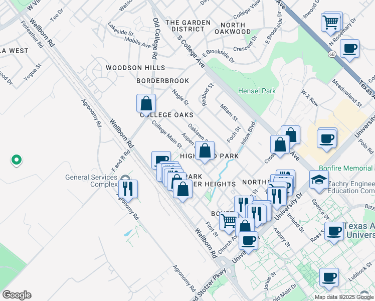 map of restaurants, bars, coffee shops, grocery stores, and more near 4301 College Main Street in Bryan