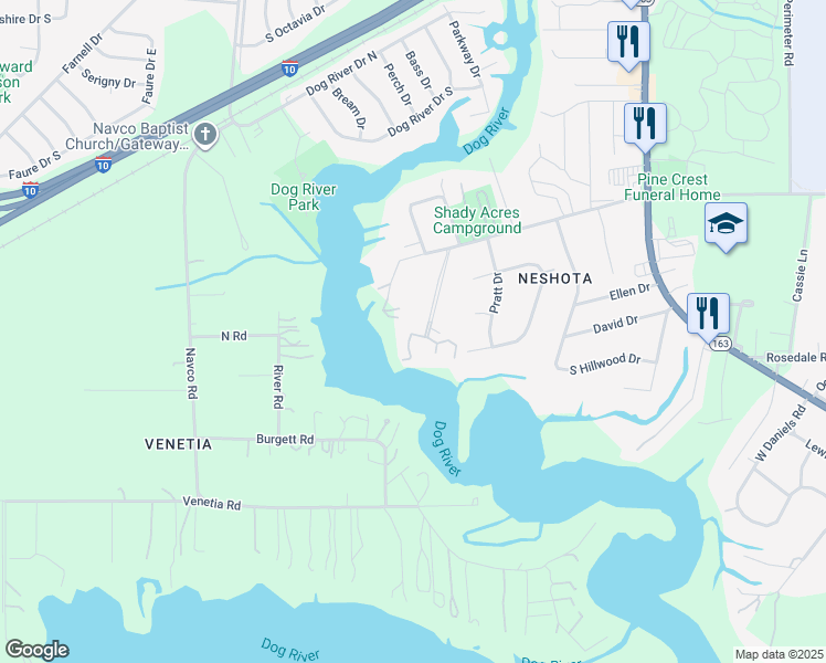 map of restaurants, bars, coffee shops, grocery stores, and more near 322 Riverbend Drive in Mobile