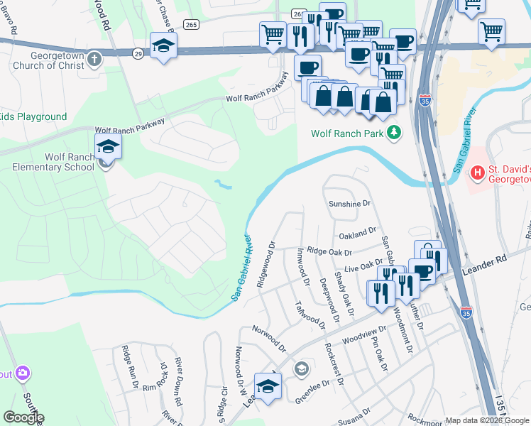 map of restaurants, bars, coffee shops, grocery stores, and more near 610 Innwood Drive in Georgetown