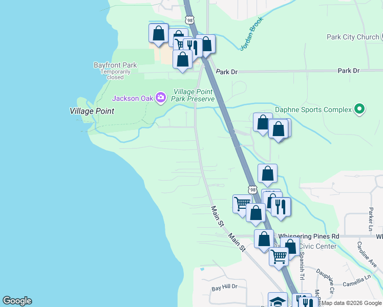 map of restaurants, bars, coffee shops, grocery stores, and more near 6534 Jackson's Oak Drive in Daphne