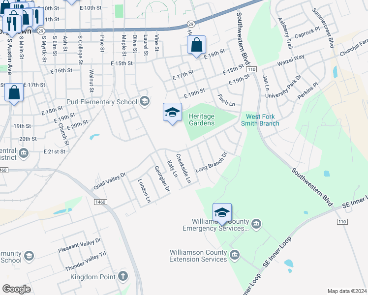 map of restaurants, bars, coffee shops, grocery stores, and more near 2106 Smith Branch Boulevard in Georgetown