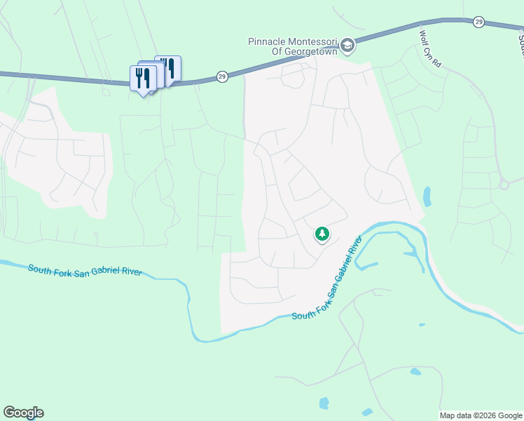 map of restaurants, bars, coffee shops, grocery stores, and more near 3301 Texas 29 in Georgetown