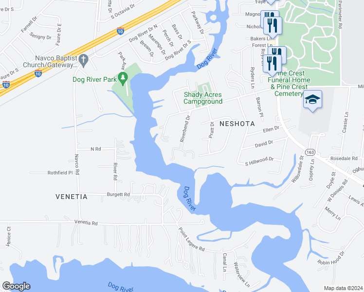 map of restaurants, bars, coffee shops, grocery stores, and more near 335 Riverbend Drive in Mobile