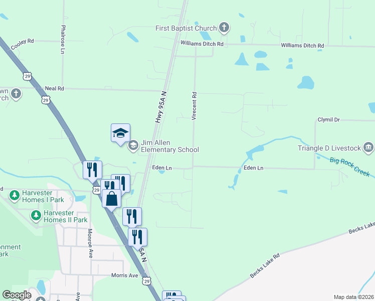 map of restaurants, bars, coffee shops, grocery stores, and more near 50 Eden Lane in Cantonment