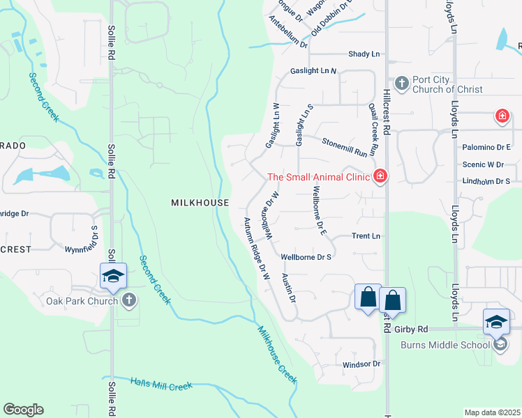 map of restaurants, bars, coffee shops, grocery stores, and more near 3148 Wellborne Drive West in Mobile