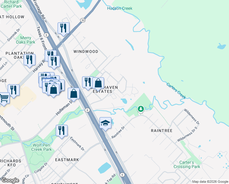 map of restaurants, bars, coffee shops, grocery stores, and more near 2672 Horse Haven Lane in College Station
