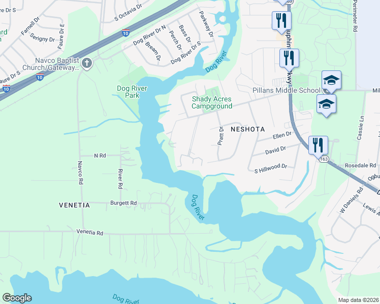 map of restaurants, bars, coffee shops, grocery stores, and more near 335 Riverbend Drive in Mobile