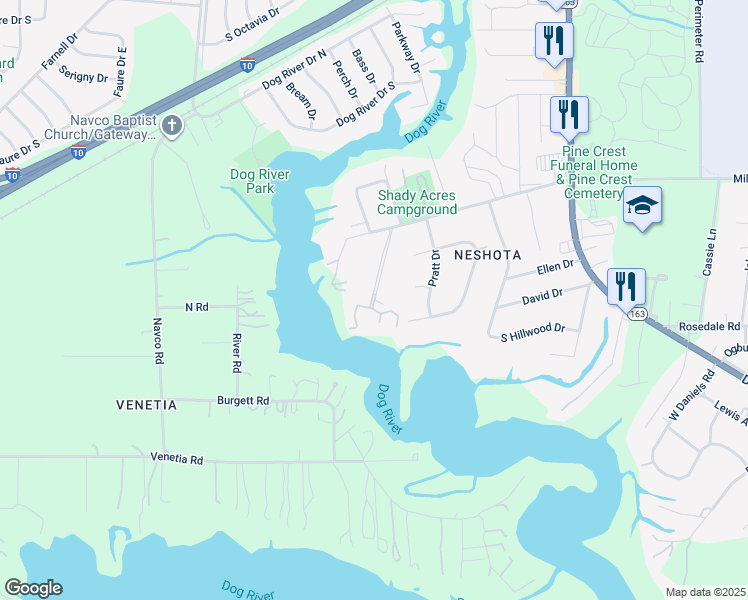 map of restaurants, bars, coffee shops, grocery stores, and more near 110 Riverbend Drive in Mobile