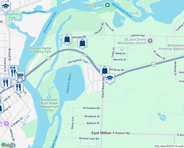 map of restaurants, bars, coffee shops, grocery stores, and more near 5225 Admiral Halsey Road in Milton