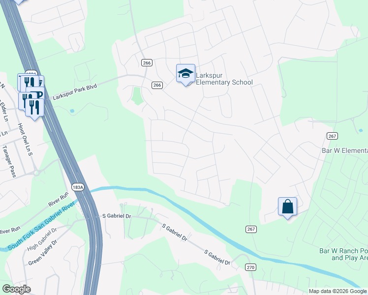 map of restaurants, bars, coffee shops, grocery stores, and more near 169 Brady Creek Way in Leander