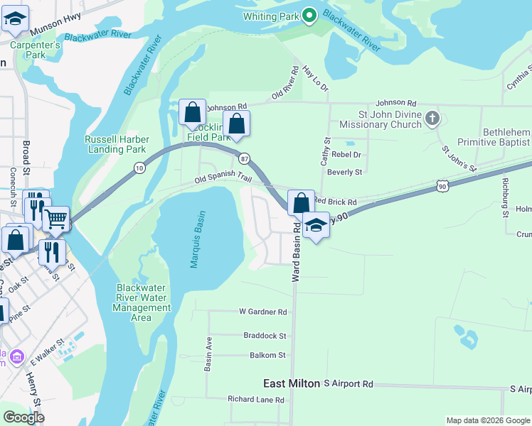 map of restaurants, bars, coffee shops, grocery stores, and more near 5225 Admiral Halsey Road in Milton