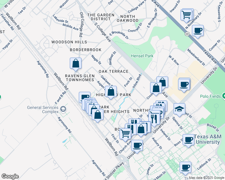 map of restaurants, bars, coffee shops, grocery stores, and more near 4400 Oaklawn Street in Bryan