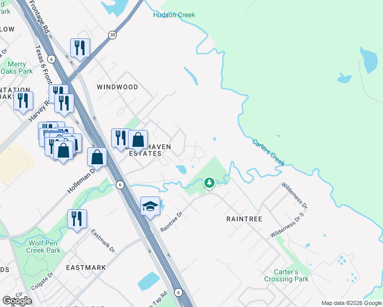 map of restaurants, bars, coffee shops, grocery stores, and more near 2812 Horseback Drive in College Station