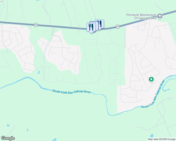 map of restaurants, bars, coffee shops, grocery stores, and more near 3321 Texas 29 in Georgetown