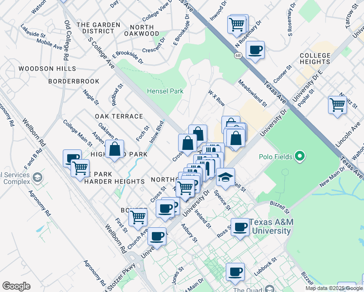map of restaurants, bars, coffee shops, grocery stores, and more near 907 Cross Street in College Station