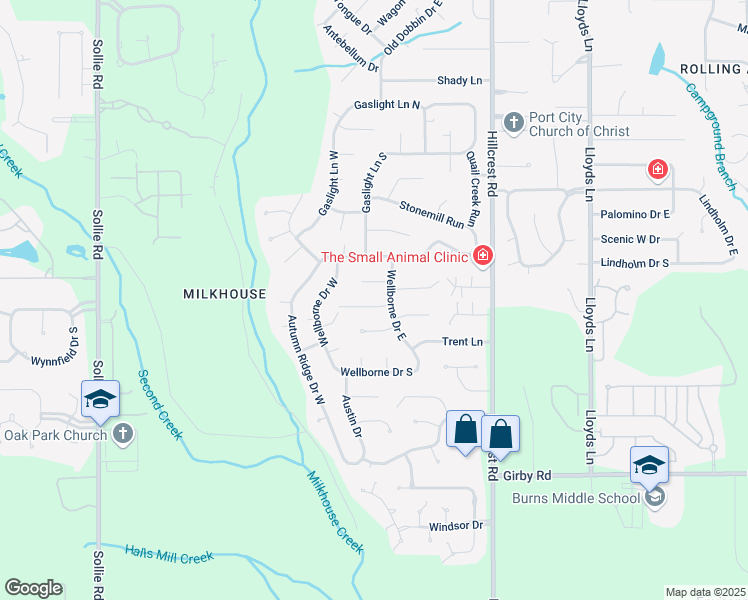 map of restaurants, bars, coffee shops, grocery stores, and more near 6608 Blakeley Court in Mobile