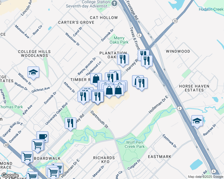 map of restaurants, bars, coffee shops, grocery stores, and more near 1102 Harvey Rd in College Station