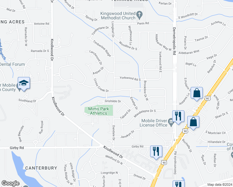 map of restaurants, bars, coffee shops, grocery stores, and more near 5275 Maudelayne Drive North in Mobile