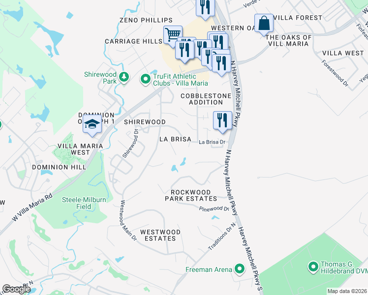 map of restaurants, bars, coffee shops, grocery stores, and more near 2100 Pantera Drive in Bryan
