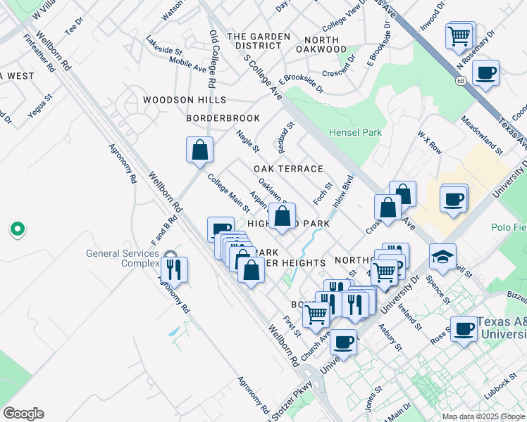 map of restaurants, bars, coffee shops, grocery stores, and more near 4301 College Main Street in Bryan