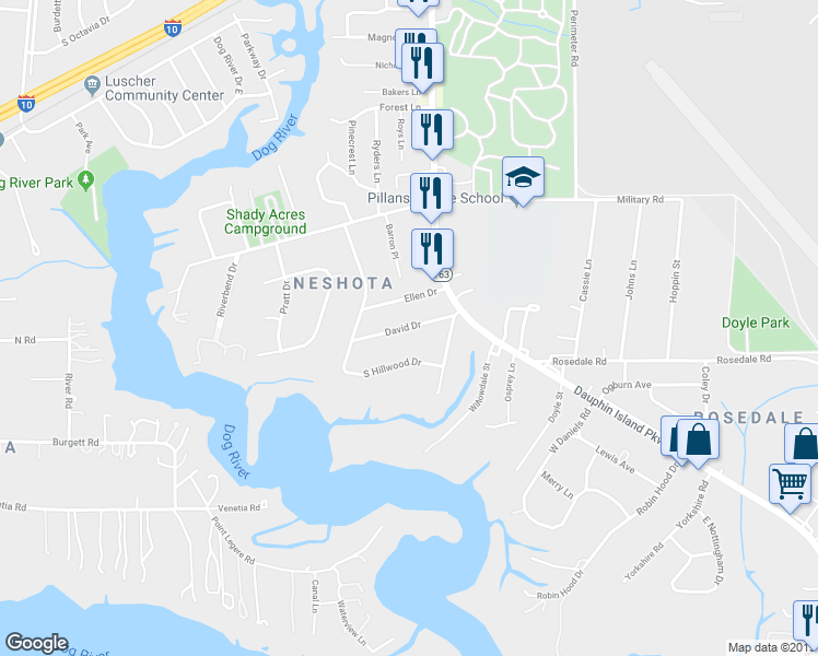 map of restaurants, bars, coffee shops, grocery stores, and more near 2216 David Drive in Mobile