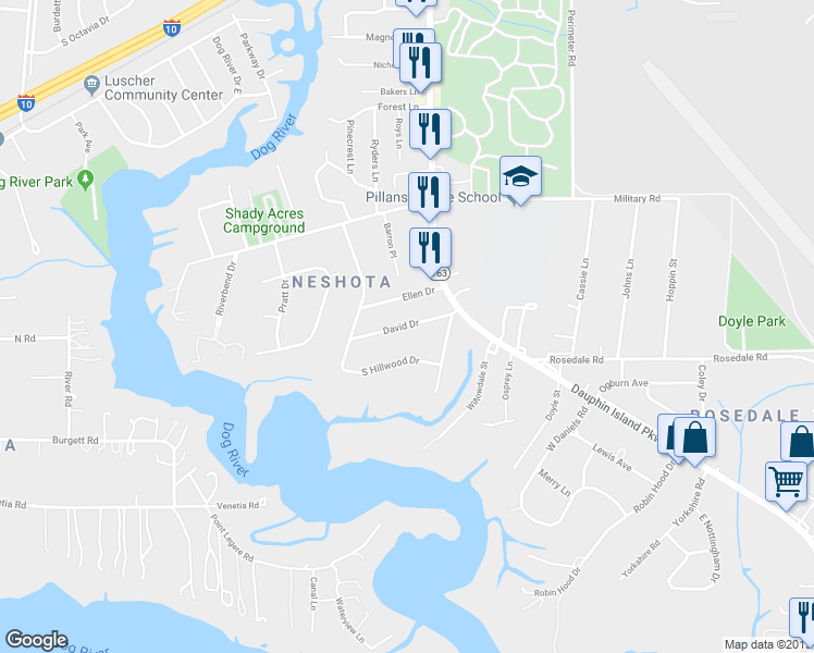 map of restaurants, bars, coffee shops, grocery stores, and more near David Drive in Mobile