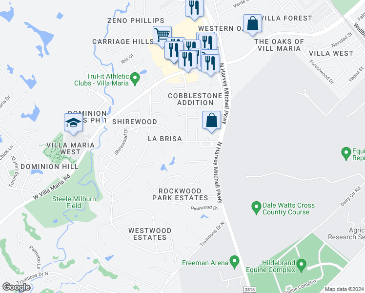 map of restaurants, bars, coffee shops, grocery stores, and more near 2403 Jaguar Court in Bryan