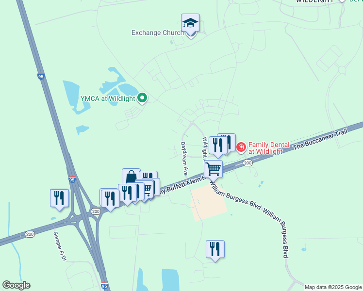 map of restaurants, bars, coffee shops, grocery stores, and more near 125 Daydream Avenue in Yulee
