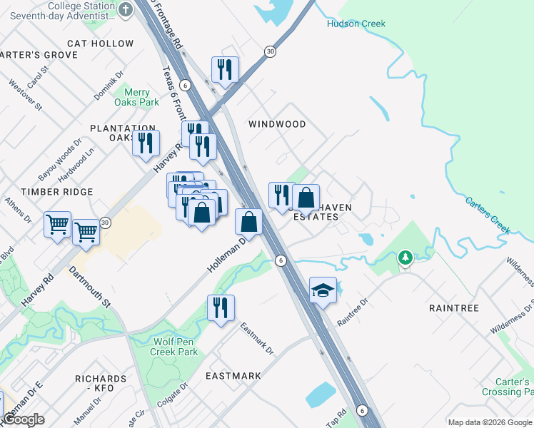 map of restaurants, bars, coffee shops, grocery stores, and more near 2601 Switch Station Road in College Station