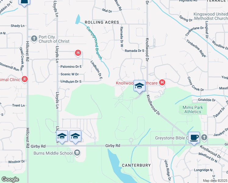 map of restaurants, bars, coffee shops, grocery stores, and more near 5800 Southland Drive in Mobile