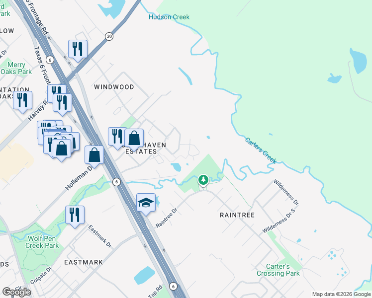 map of restaurants, bars, coffee shops, grocery stores, and more near 2823 Horseback Drive in College Station