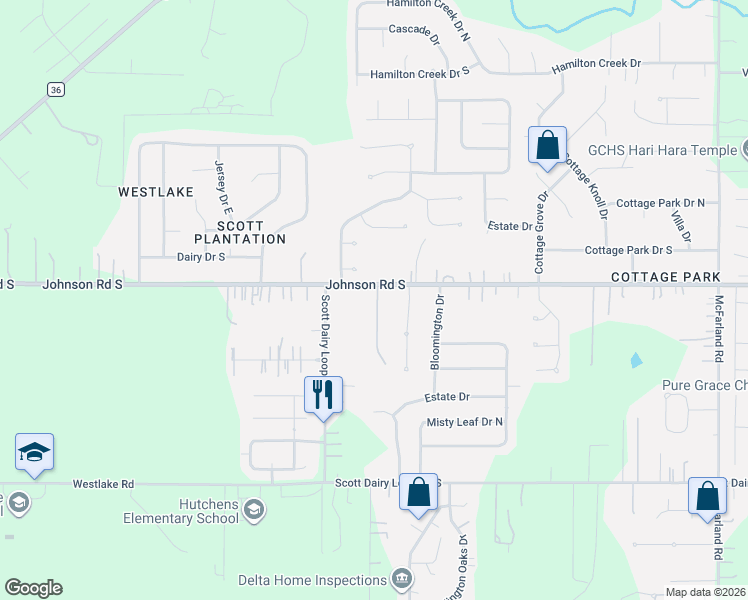 map of restaurants, bars, coffee shops, grocery stores, and more near 9800 Johnson Road South in Mobile