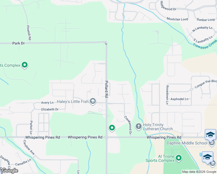 map of restaurants, bars, coffee shops, grocery stores, and more near 9052 Brookside Lane in Daphne