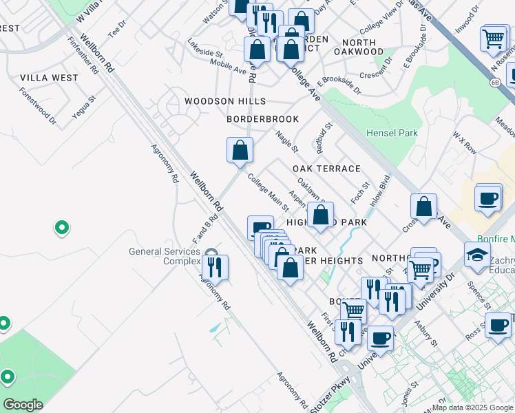 map of restaurants, bars, coffee shops, grocery stores, and more near 3902 College Main Street in Bryan