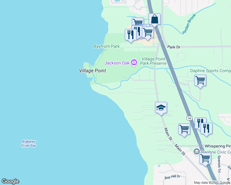 map of restaurants, bars, coffee shops, grocery stores, and more near 6377 Jackson's Oak Drive in Daphne