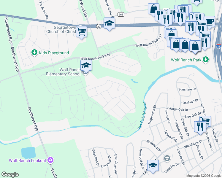 map of restaurants, bars, coffee shops, grocery stores, and more near 610 Innwood Drive in Georgetown