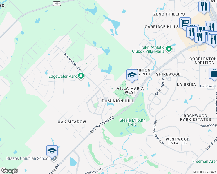 map of restaurants, bars, coffee shops, grocery stores, and more near 2131 Mountain Wind Loop in Bryan